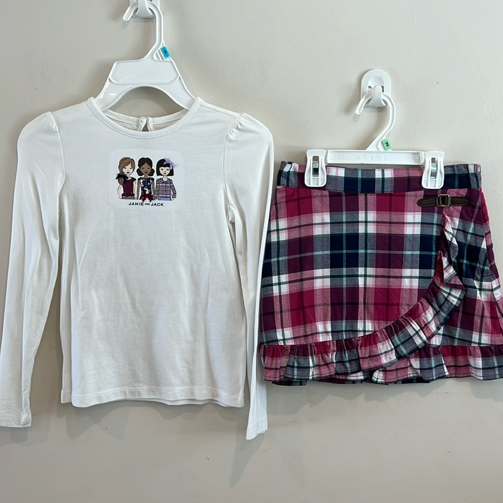 Janie and Jack Girls White Top/Plaid Skirt Set Size 7